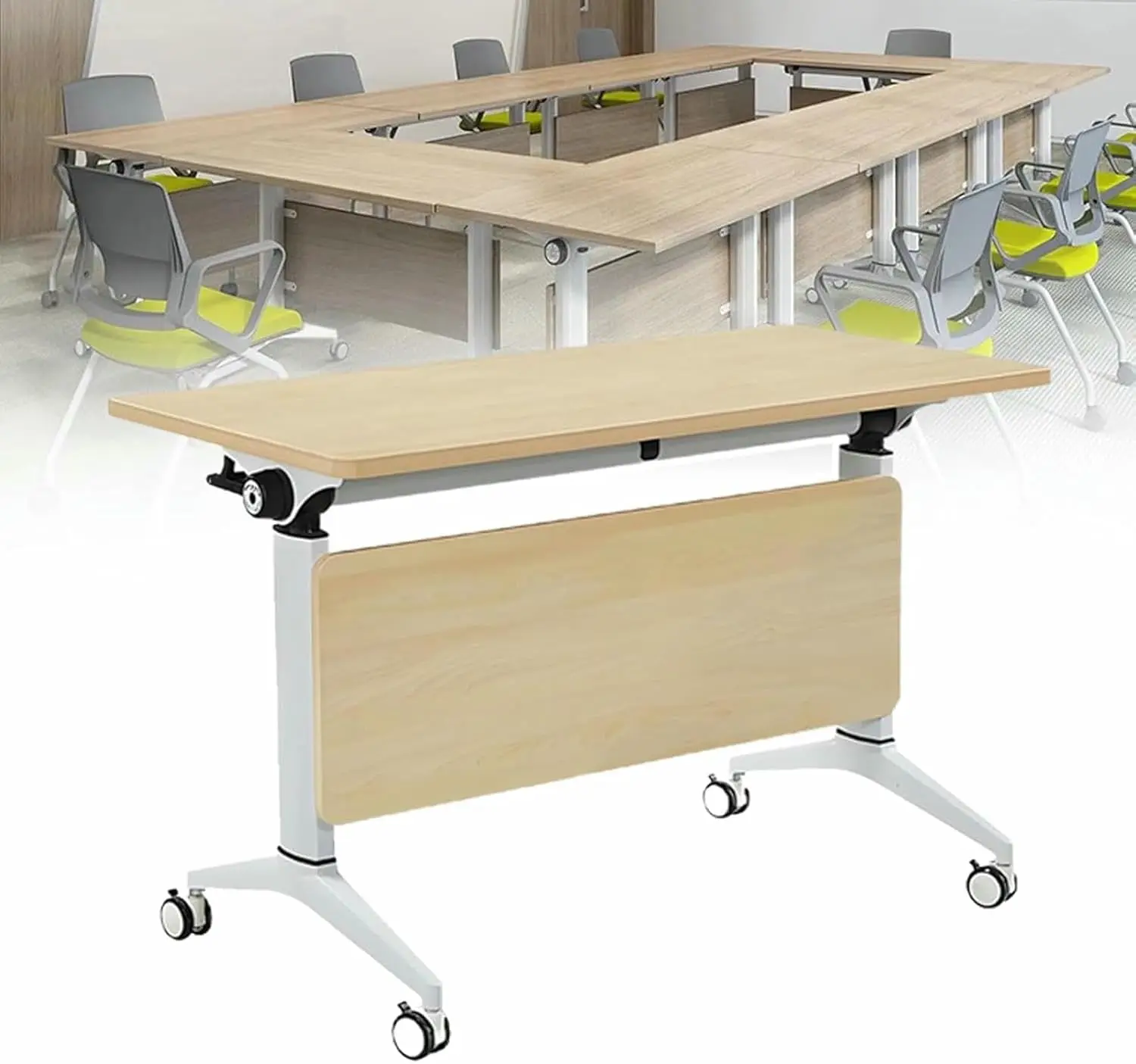 

55" Folding Mobile Table Lockable Wheels Flip Top Space-Saving Conference Office Classroom Easy Assembly, Custom