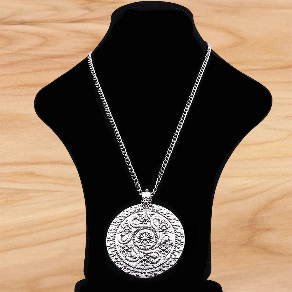 

Large Bohemian Boho Medallion Round Pendant on Long Chain Necklace Lagenlook 34 Inches for Jewelry Women Men Gift
