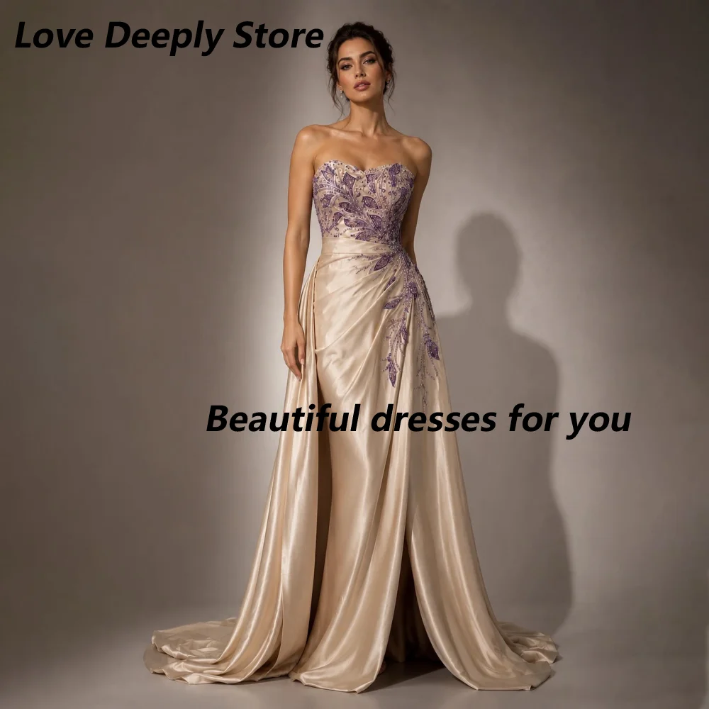 Customized Champagne Satin Mother Of The Bride Gown Strapless Sweetheart Purple Leaf Beaded Appliques Draped Split Evening Dress