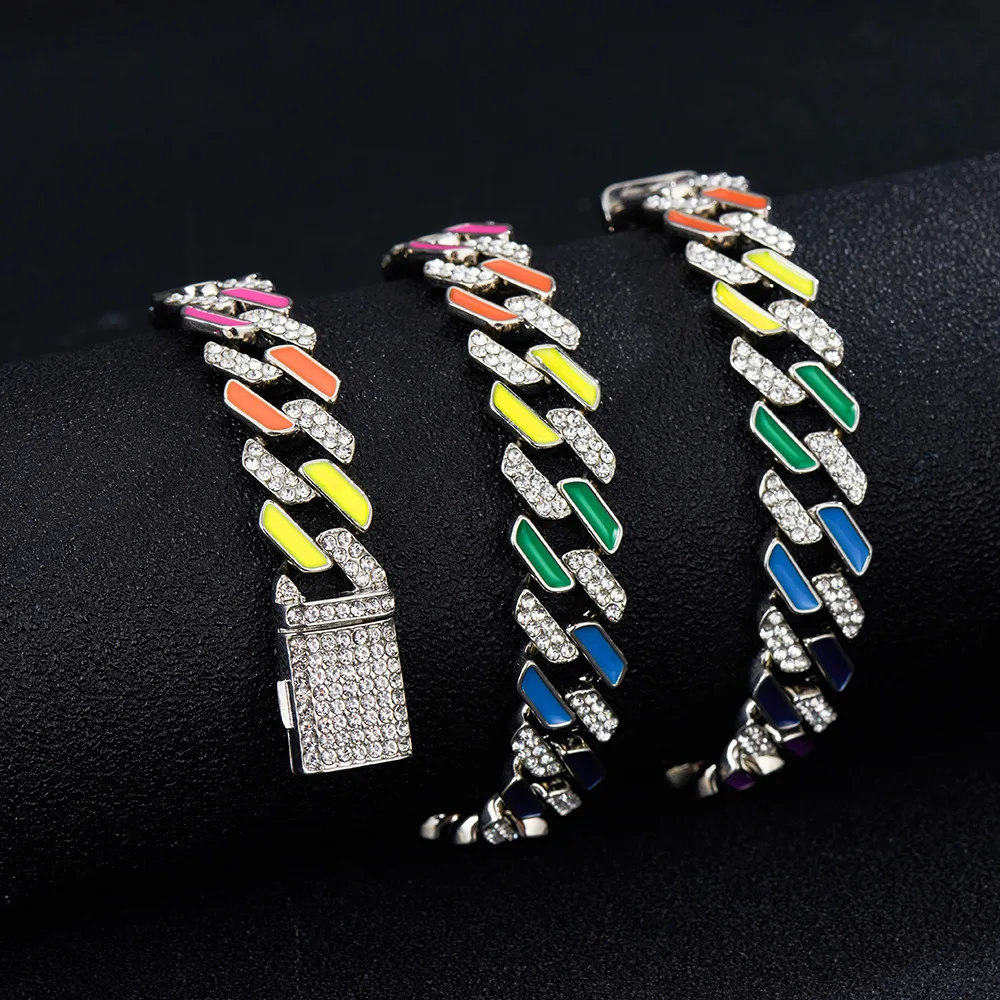 

Hip Hop Men Women 12mm Enamel Colorful Rainbow Chain Bracelet Bling Rhinestone Paved Miami Rhombus Cuban Chain Jewelry