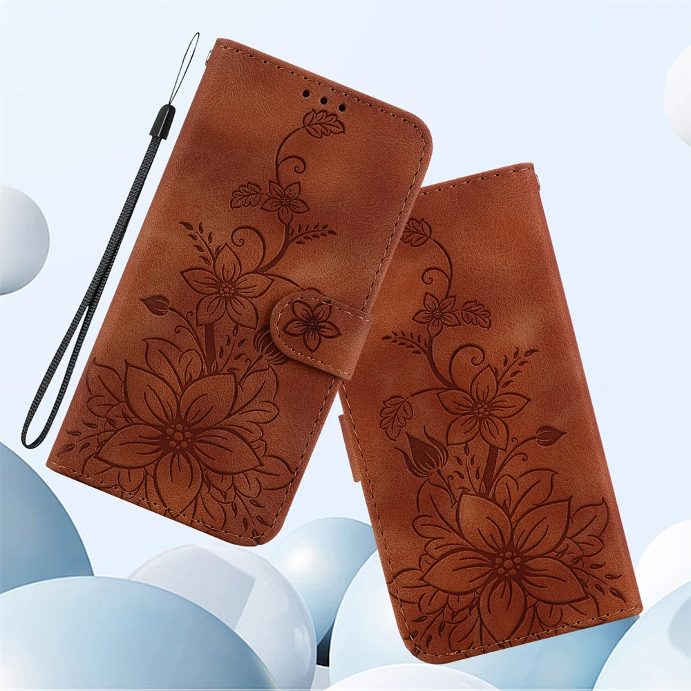 lily Flower Emboss Case For Motorola MOTO E7 E7i Power E6 Plus Play E22i E13 E20 E40 E30 Magnet Leather Flip Book Case Cover