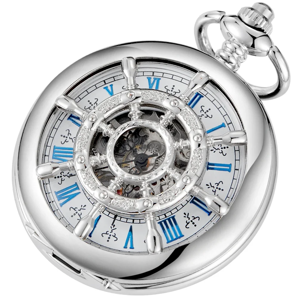 

Retro Silver Skeleton Boat Rudder Mechanical Pocket Watch Half Hunter Pendant Antique Manual Hand Winding Pocket Clock