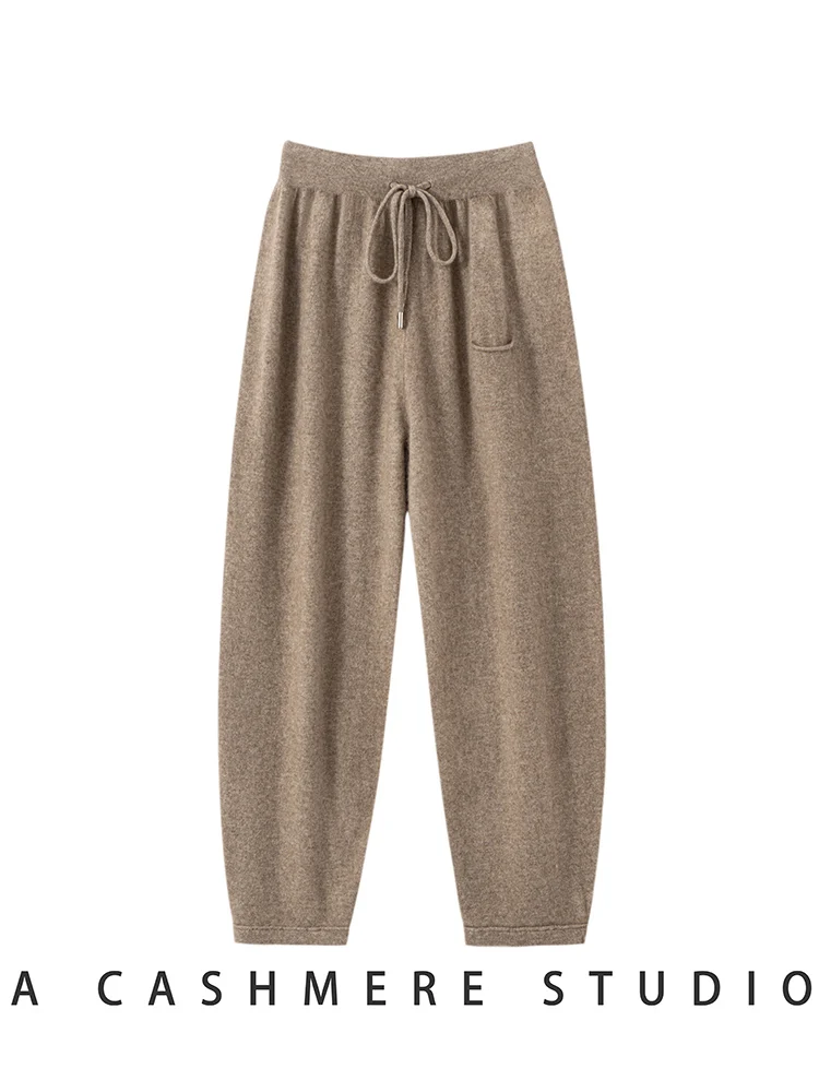 TLOML Women 100% Cashmere Drawstring Bloomers Pants Simple Style Trousers Autumn Winter Soft Warm Cashmere Comfy Fashion Pants