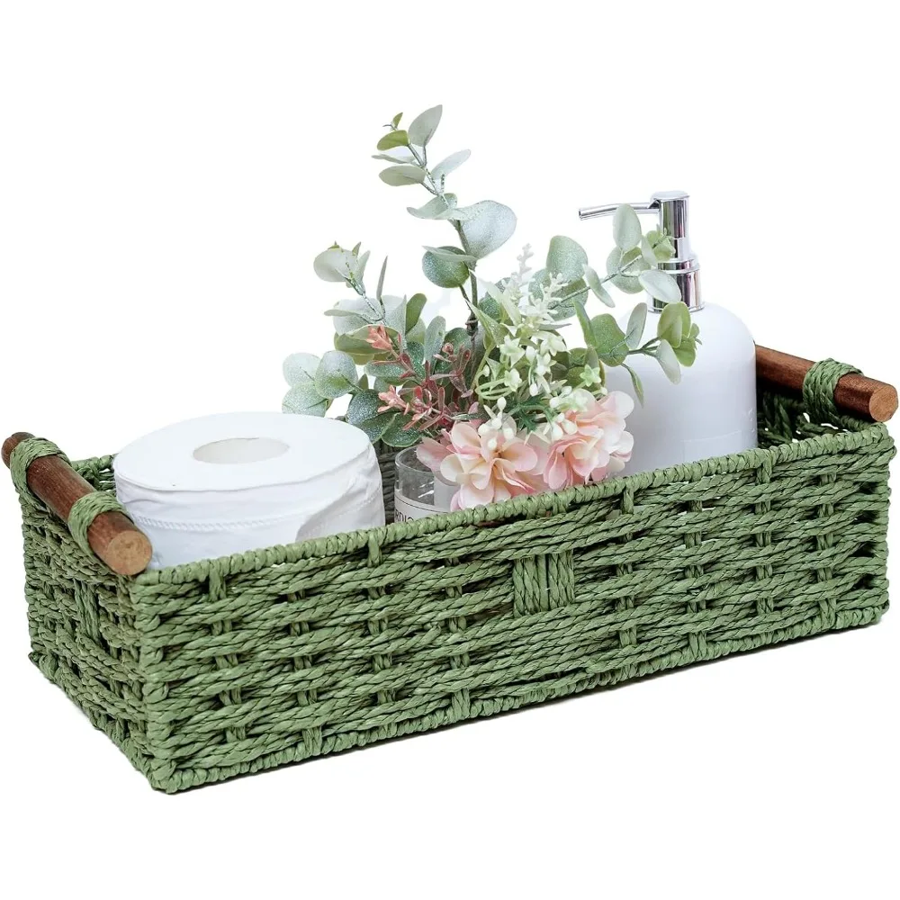 Round Paper Rope Storage Basket Wicker Baskets for Organizing with Handle Decorative Storage Bins for Countertop Toilet Paper Basket for Toilet Tank Top Small Baskets , Green