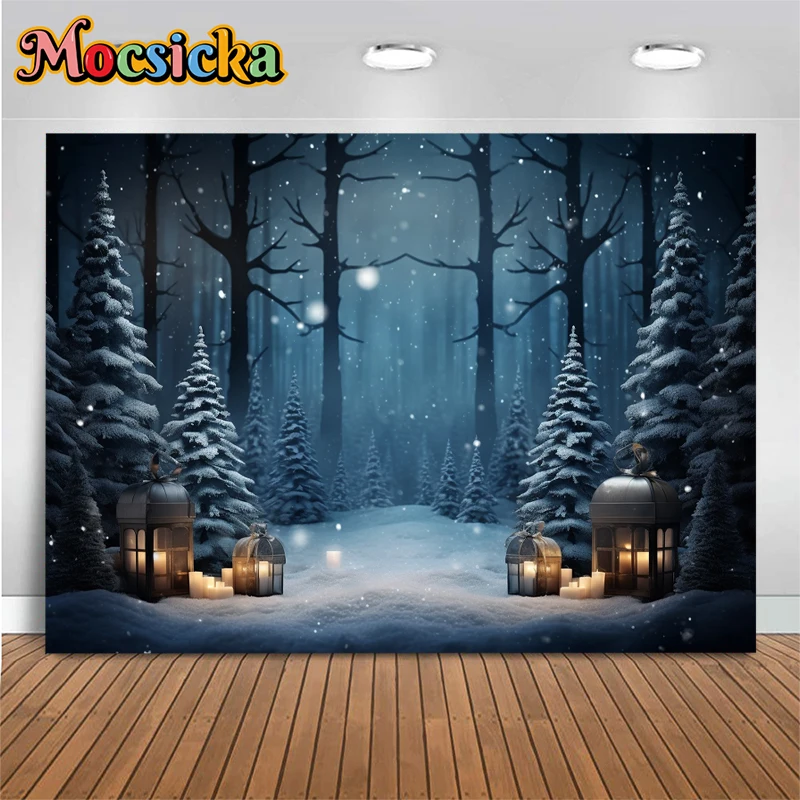 Mocsicka Christmas Blue Sky Backdrop Photography Forest Snowflake Gift Outdoor Winter Photographic Background Photo Studio Props