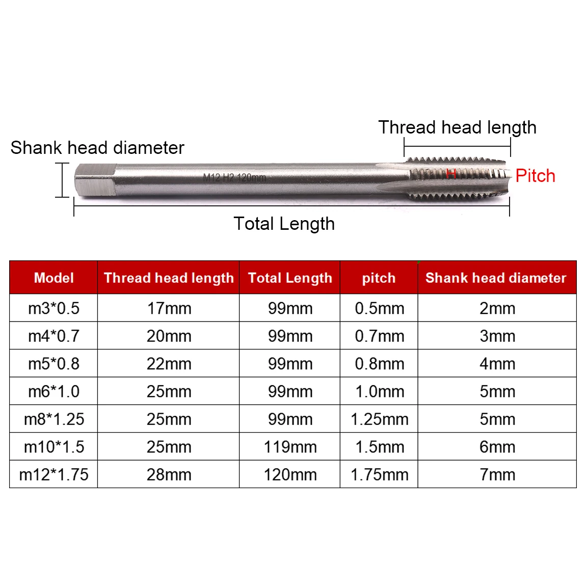 HSS Rainbow Long Shank Thread Taps, Straight Flûte Taps, M3 Figured, M5, M6, M8, M10, M12, 1Pc