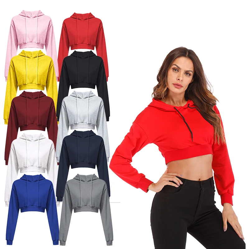 2023 Fashion Women\'s Sexy Casual Long Sleeve Hooded Short Sweatshirt Flat Corner Top Pullover Hooded Sweatshirt Short Hoodie