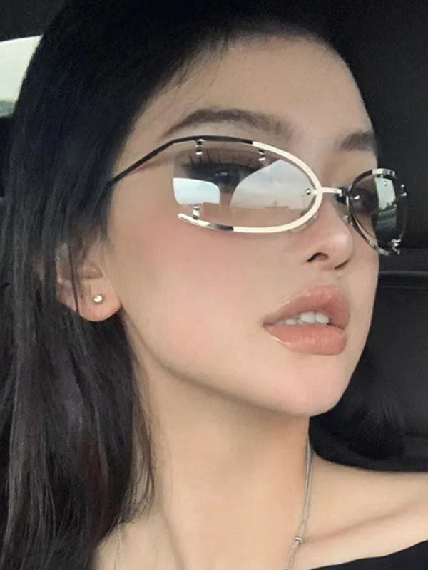 Kacamata Hitam Logam Berongga Warna Merkuriu untuk Wanita, Teknologi Masa Depan, Kacamata Hitam Sle, Modis untuk Wajah Bulat