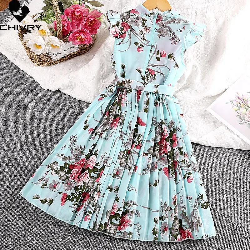 فستان صيفي للشاطئ موضة جديدة 2023 للبنات أكمام على شكل زهور مطبوعة برقبة مستديرة على شكل حرف a فساتين أميرة للأطفال Vestidos