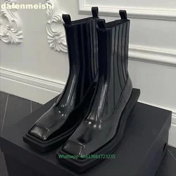 Black Patent Leather Square Toe Women Ankle Boots Platform Pull-On Chelsea Mid-Calf Motorcycle Boots 2024 Fashion Street Boots