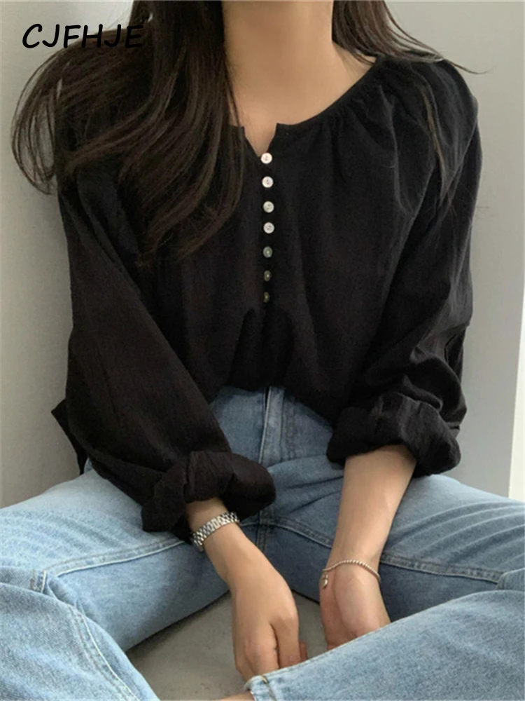 CJFHJE Elegant Vintage Office Lady Blouses Korean Fashion White Blouse Women Spring Summer Casual Shirts Female Chic Black Shirt