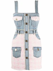 HIGH STREET Newest 2024 Designer Fashion Women Spaghetti Strap Denim Tweed Houndstooth Pachwork Fringed Dress