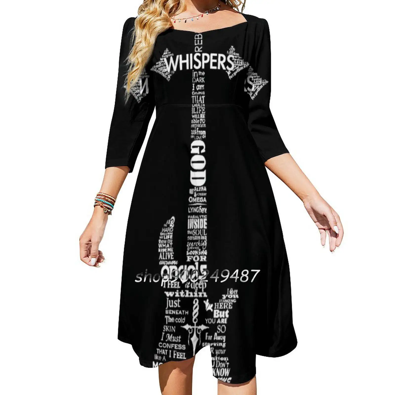 Skillet Guitar Typography On Black Square Neck Dress New Plus Size Elegant Women Waist Tight Dress Skillet Band Christian