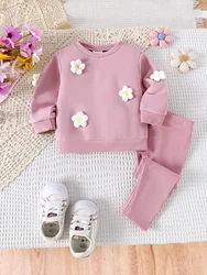2PCS New Autumn Style For 0-3 Year Old Girls, Comfortable Simple And Fashionable Flower Pink Hoodie + Pantsuit