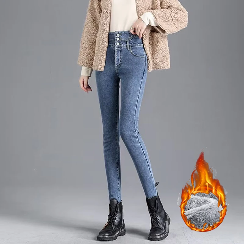 2025 الشتاء الفتيات الصوف الحراري الجينز سيدة الثلوج الدافئة عالية الخصر سراويل جينز المرأة الكلاسيكية موضة أفخم السراويل
