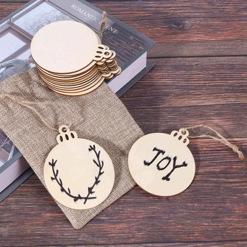 200Pcs DIY Craft Wooden Round Bauble With 200Pcs Twines To Paint, Unfinished Christmas Hanging Blank Discs Bulk Slices