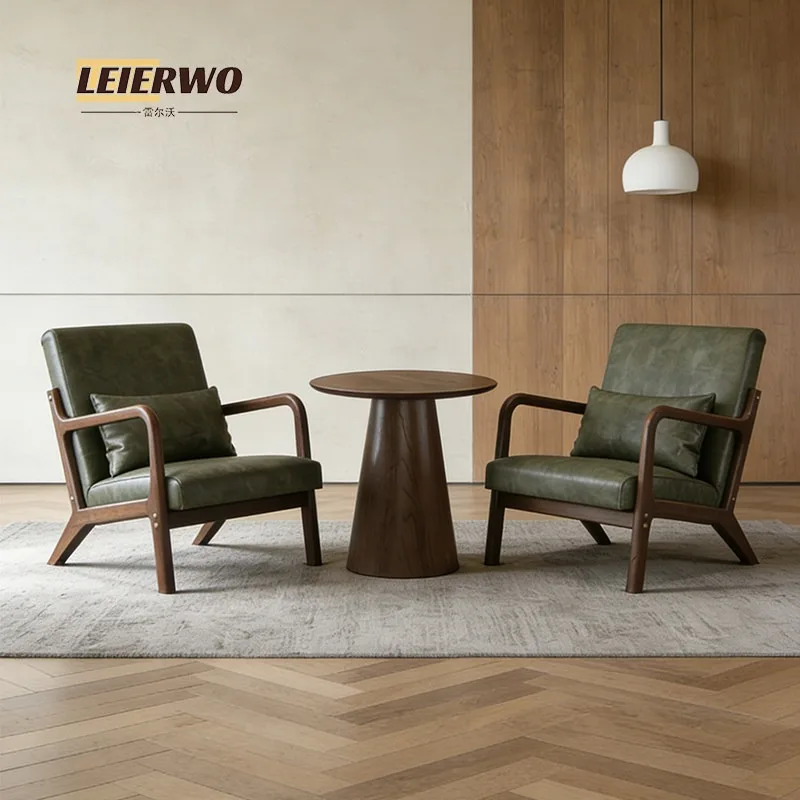 Retro solid wood single sofa chair balcony casual tea chair oil wax leather cafe hotel homestay table and chair combination