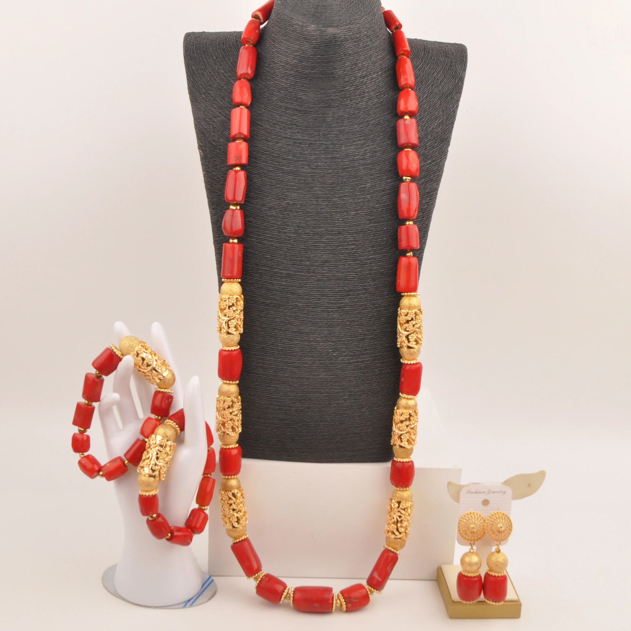 

Nigerian Groom Wedding Jewelry 50inches Long Necklace Red Coral Jewelry Set for Men