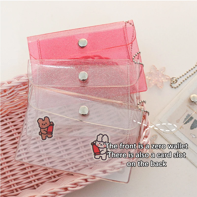 1PCS Transparent PVC Coin Purse With Keyring For Girls Cute Small Wallet ID Card Holder Business Card Purse