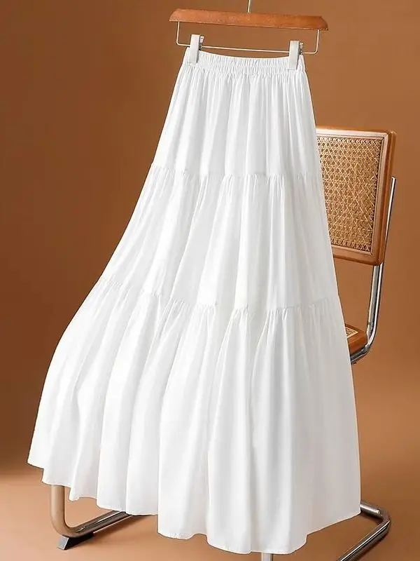 

High Waist A-Line Midi Skirt Women's Summer New Sle Slim Fit f-length Cake Skirt White Flared Skirt Splicing Design