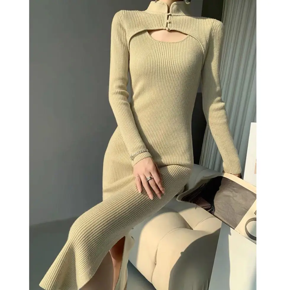 Vintage Knit Cheongsam Sexy Long Sleeve Dress Womens Autumn Winter Outifits Fashion Thick Elegance Knitted Sweater  U1415