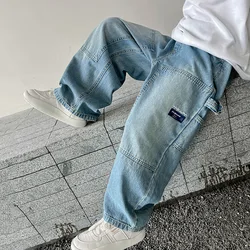 Teenage Boys Cargo Jeans Spring Autumn New Kids Wide Leg Denim Pants for Children Loose Pockets Trousers Girl 5 7 9 11 13 15 Yrs