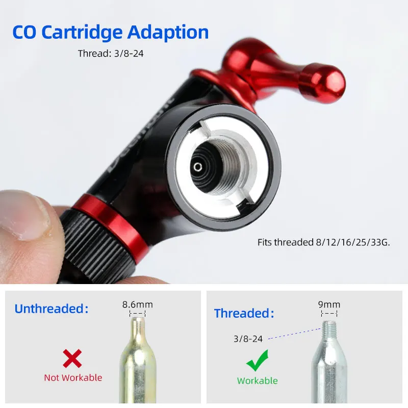 Bicycle CO2 Nozzle For 3/8-24 Threaded Cartridge Fits Schrader Presta Cycle Quick Inflation 33/25/16/12/8Gr. Cylinder Pump