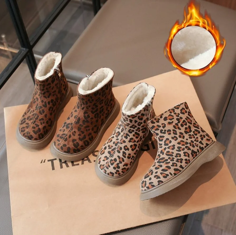 Winter Baby Boys Girls Snow Boots Leopard Print Children Cotton Shoes Anti-slip Soft Sole Outdoor Toddler Kids Warm Plush Boots