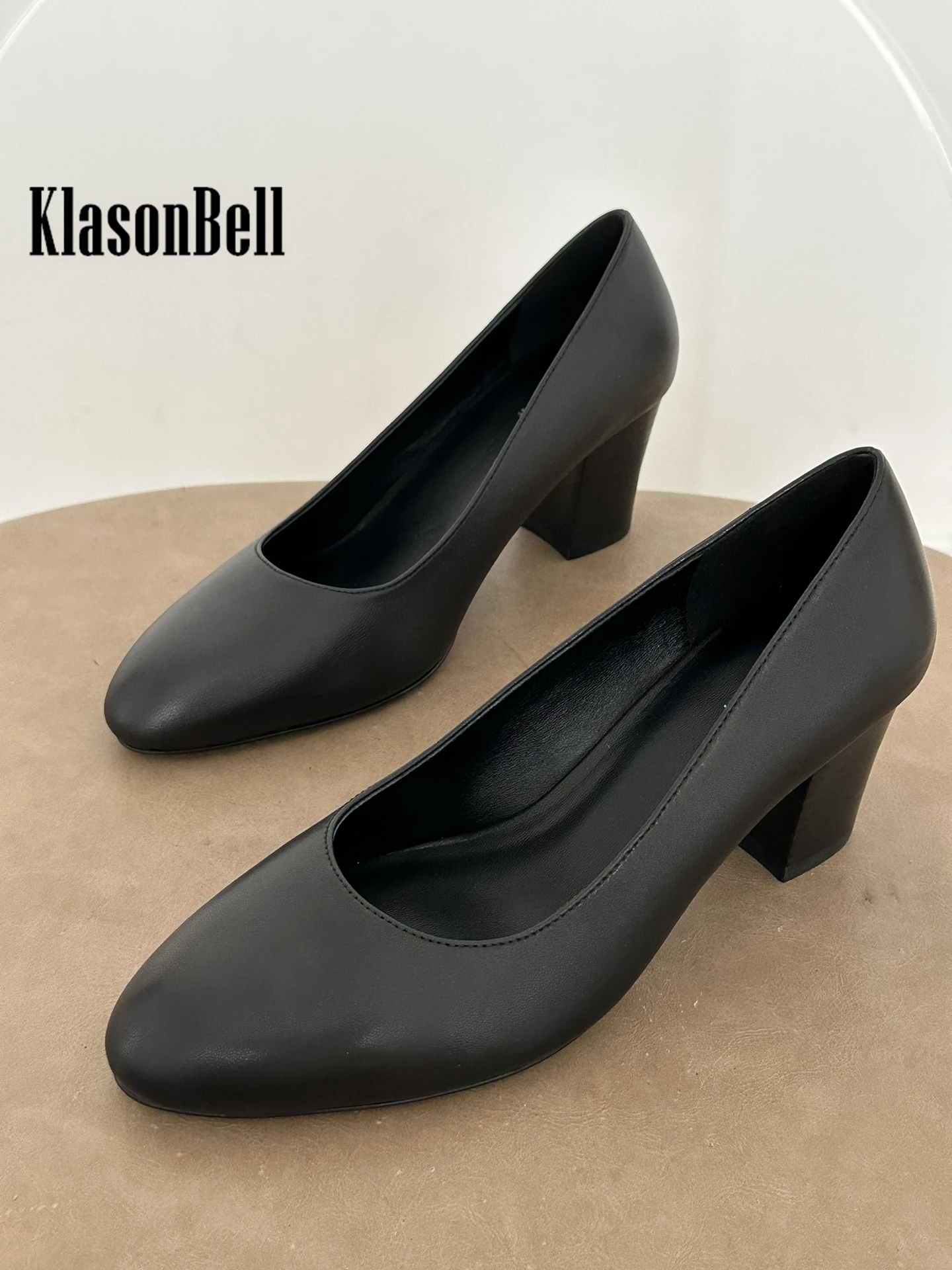 6.5 KlasonBell Classic Soft Sheepskin Mary Janes Pumps Thick High Heel All-matches Comfortable Pointed Toe For Women Shoes