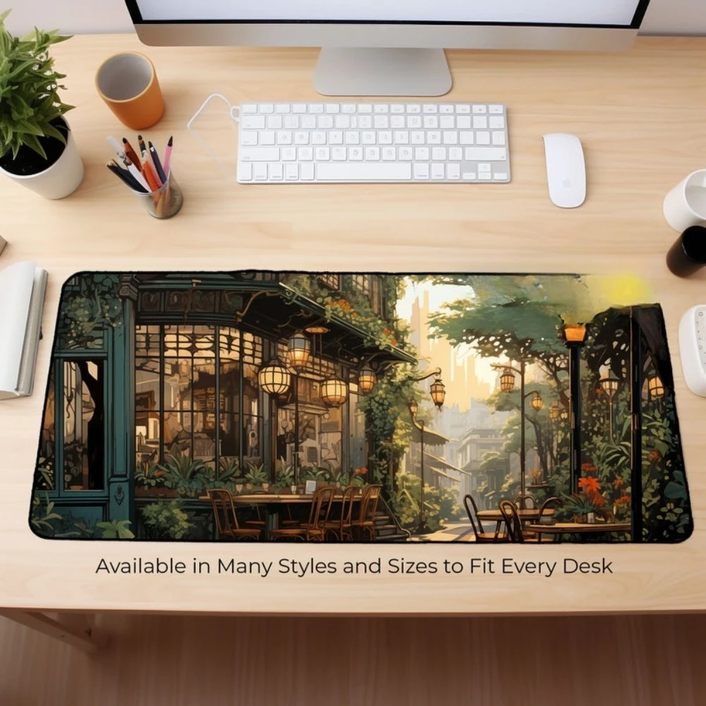 Nostalgic Peaceful Coffee Shop, Art Nouveau Inspired Desk Mat, alfombrillas gaming alfombrilla ratón teclado mecânico