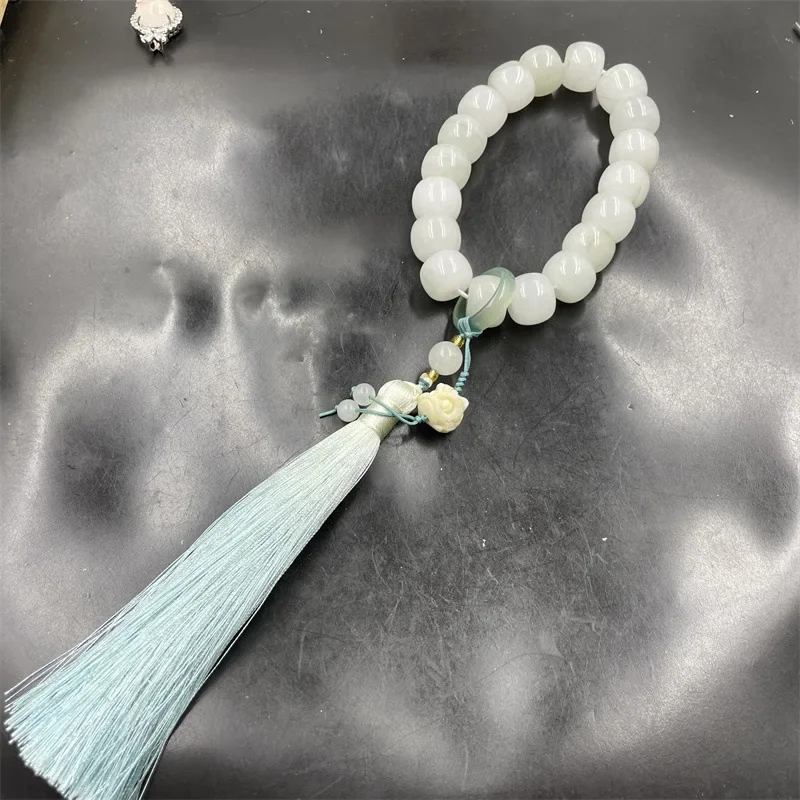 White background with blue and mountain green jade , traditional style Buddhist prayer beads bracelet