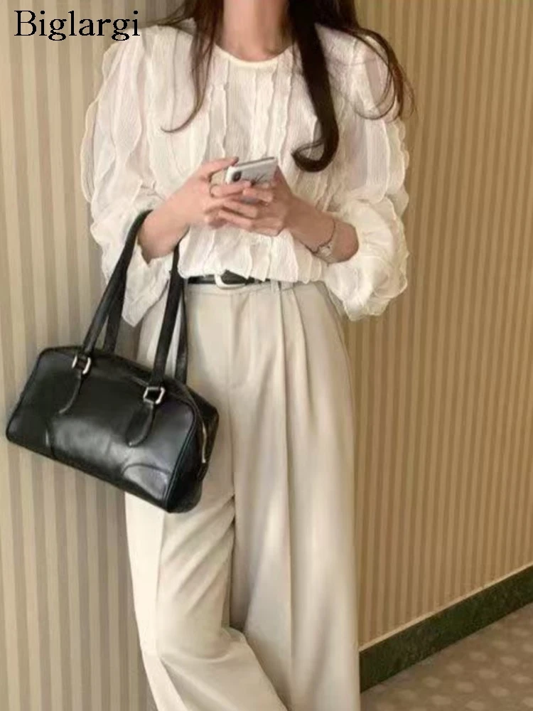 

Spring Pullover Long Sleeve Tops Women Loose Pleated Irregular Patchwork Fashion Ladies Cropped Blouses Korean Style Woman Tops