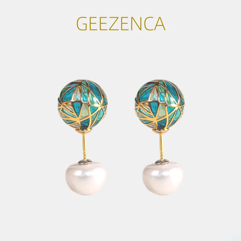 

GEEZENCA S925 Silver Enamel Ball Natural Pearl Earrings Women Cloisonne Minimalistic Chic Designer Style Earring 2023 New Gift