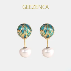 GEEZENCA S925 Silver Enamel Ball Natural Pearl Earrings Women Cloisonne Minimalistic Chic Designer Style Earring 2023 New Gift