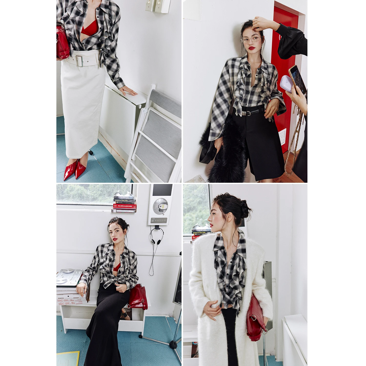 

Модная черно-белая клетчатая рубашка Rosebanks Bloggers Play с рюшами на рукавах, свободного кроя, с длинными рукавами, из хлопка, для повседневной носки