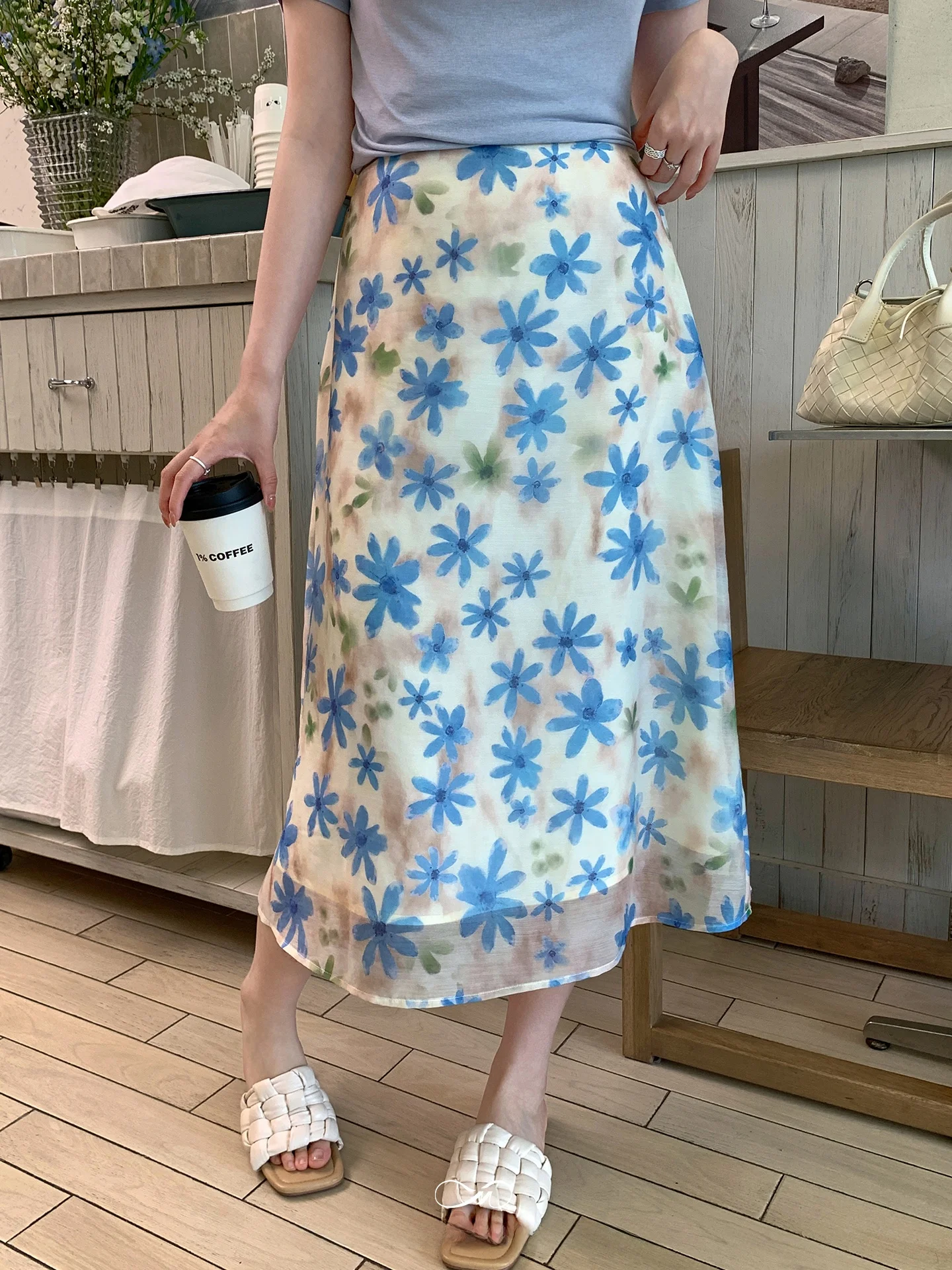 

New Arrival Large Size Women's Blue Print Skirt Cool Sensation Orchid Design Casual Commute Style Polyester Fiber A-Line Skirt