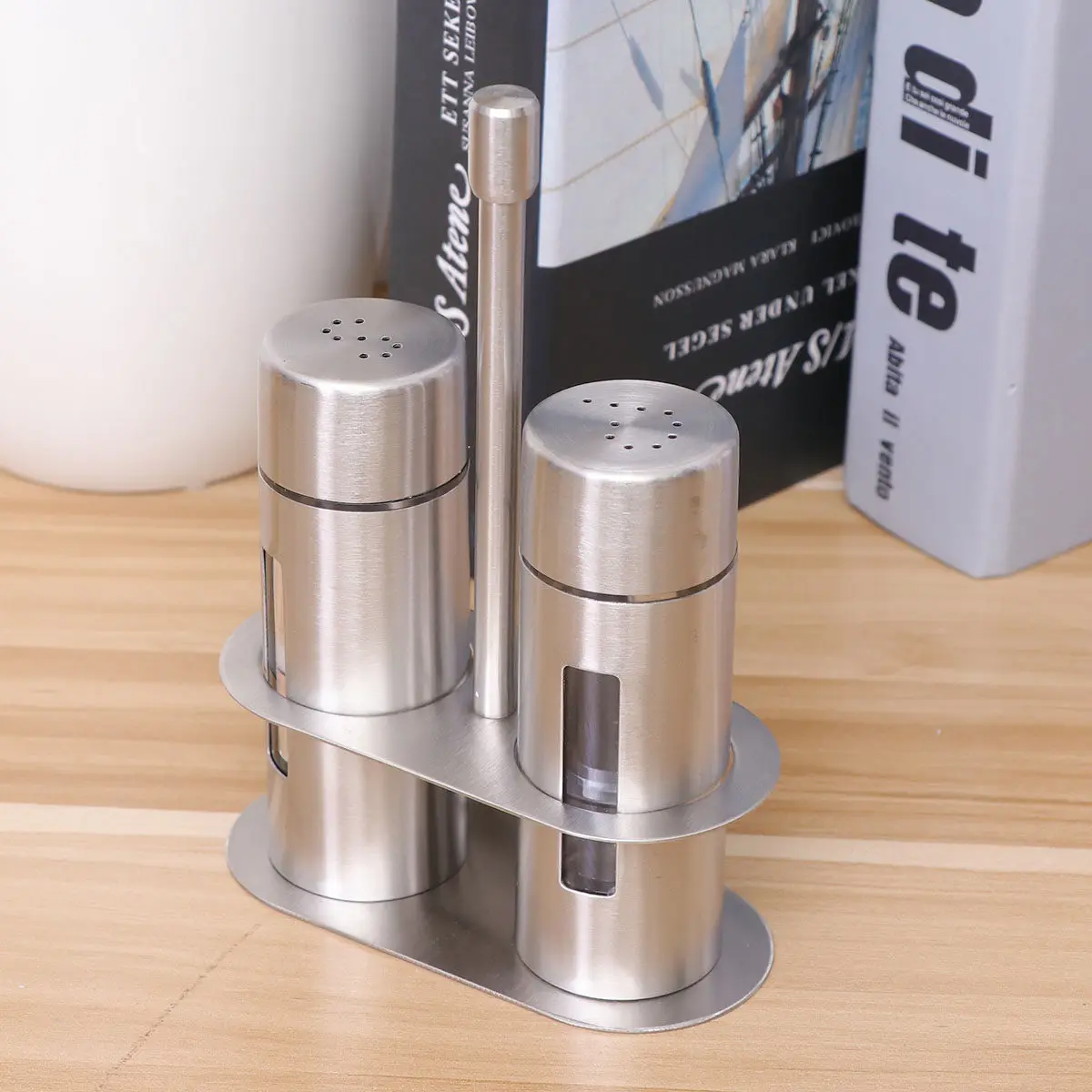 2-Piece Stainless Steel Spice Jar Set with Acrylic Caddy & Clear Labeled Windows for Salt and Pepper