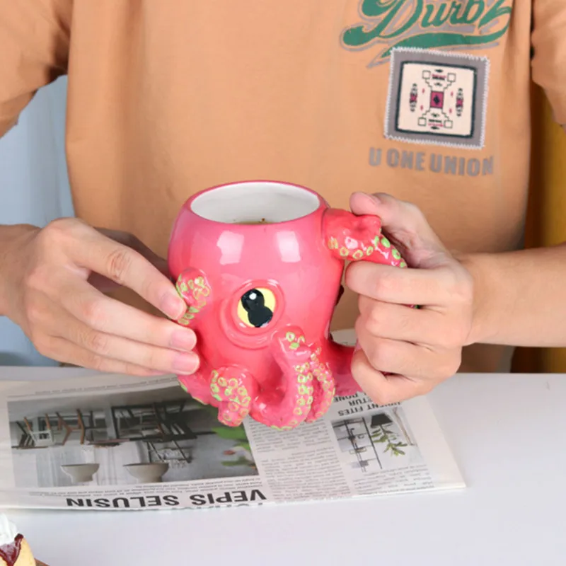 Funny Pink Octopus Ceramic Coffee Mug with Tentacle Handle Handcrafted Novelty 3D Porcelain Coffee Cups Personalized Gifts 450ml