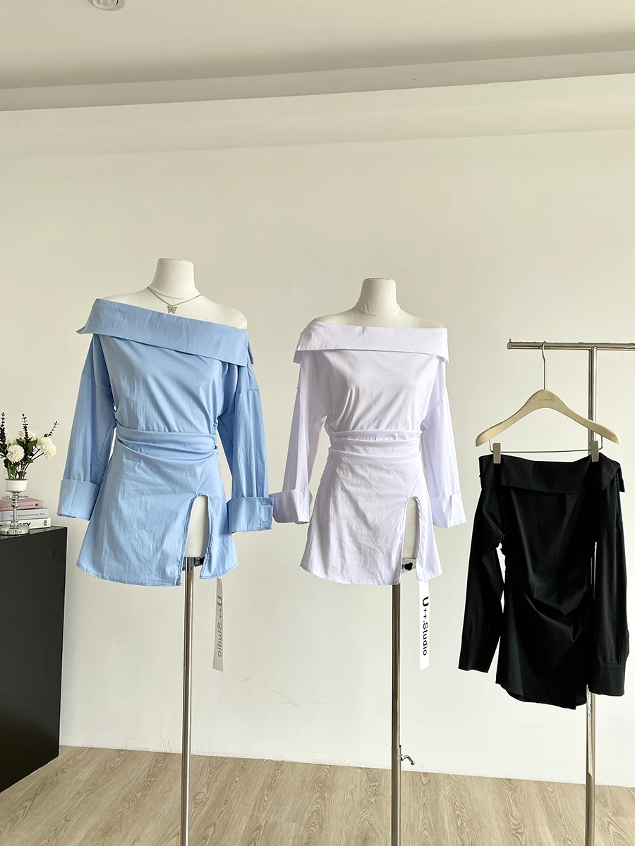 

2025 Summer New Fashion Personality Lady round Neck Slimming One Shoulder Versatile Long Sleeve Shirt Top Korean Style Loose Fit