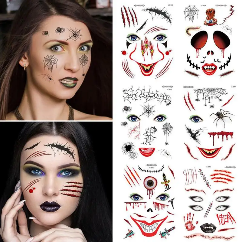 Halloween Tattoo Stickers Face Spider Scar Wound Lip Scratched Terror Realistic Fake Temporary Waterproof