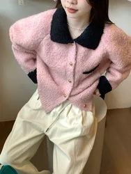 Korean style Elegant Autumn Winter Knitted Cardigan Women Turn Down Collar Contrast Outwear Loose Sweater Vintage Tops