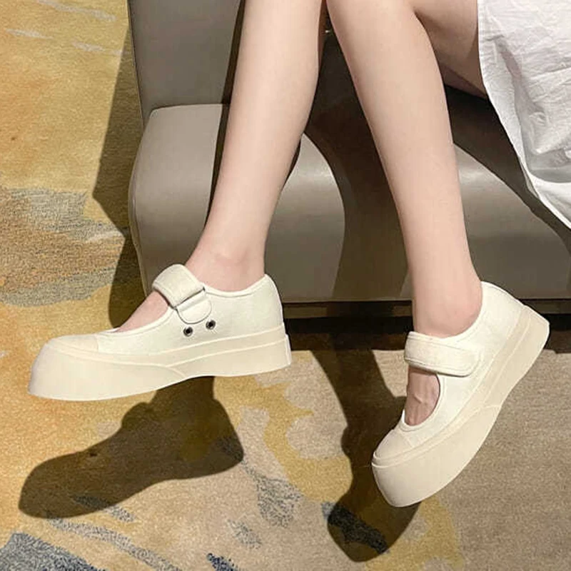 New Women\'s Flat Heel Platform Canvas Mary Jane Casual Round Toe Canvas Platform Shoes Outdoor White Autumn Single Shoes 35-40