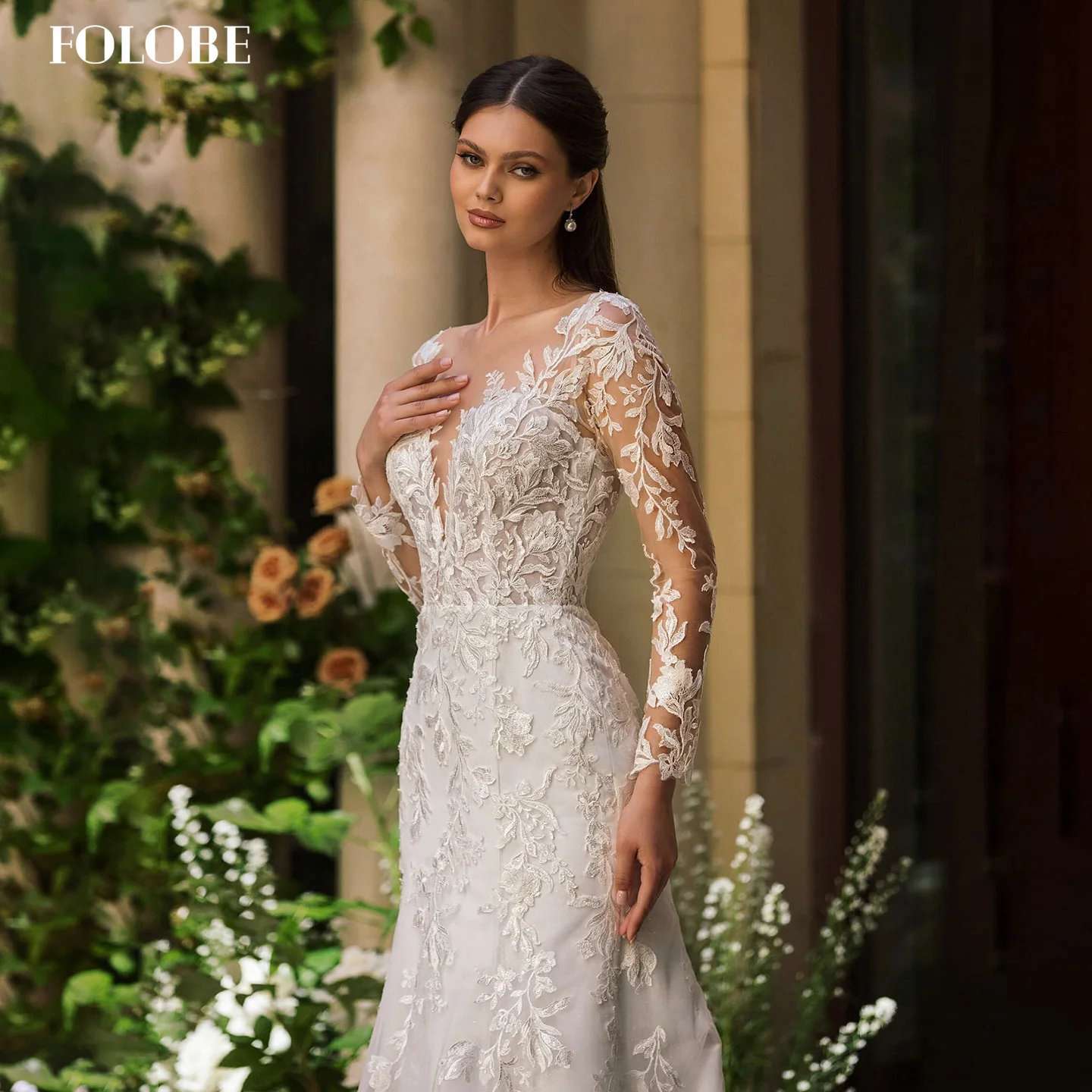 FOLOBE col en v robe de mariée exquise avec manches longues robe de bal sirène balayage Train robe de mariée vestidos de noche personnalisé