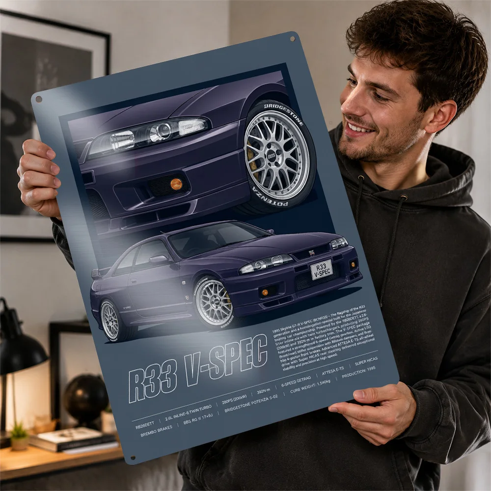 Japan Skyline GT-R R33 V-Spec Purple Sports Car Aluminum Poster Personalized Metal Sign Speed Icon Tribute Wall Art For A Home