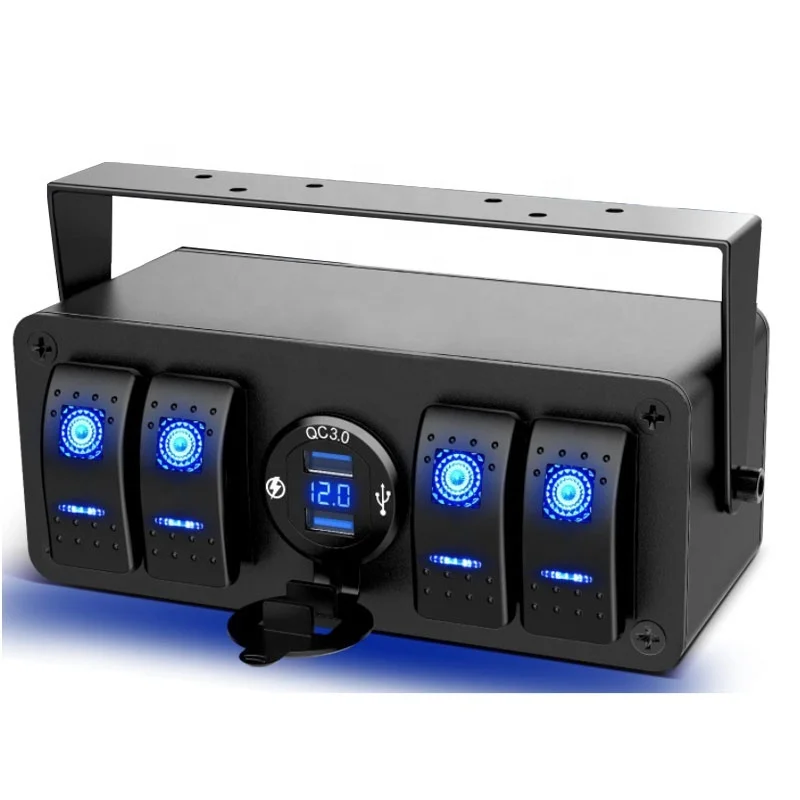 

4 Gang Box 12V SPST ON Off QC 3.0 USB Charger Voltmeter Waterproof Aluminum Rocker Switch Panel Night Glow