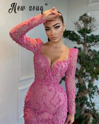 Elegant Pink Long Party Dress Beaded Covered Wedding Guest Night Gowns Dubai Mermaid Formal Celebrity Dress Birthday Party Wear