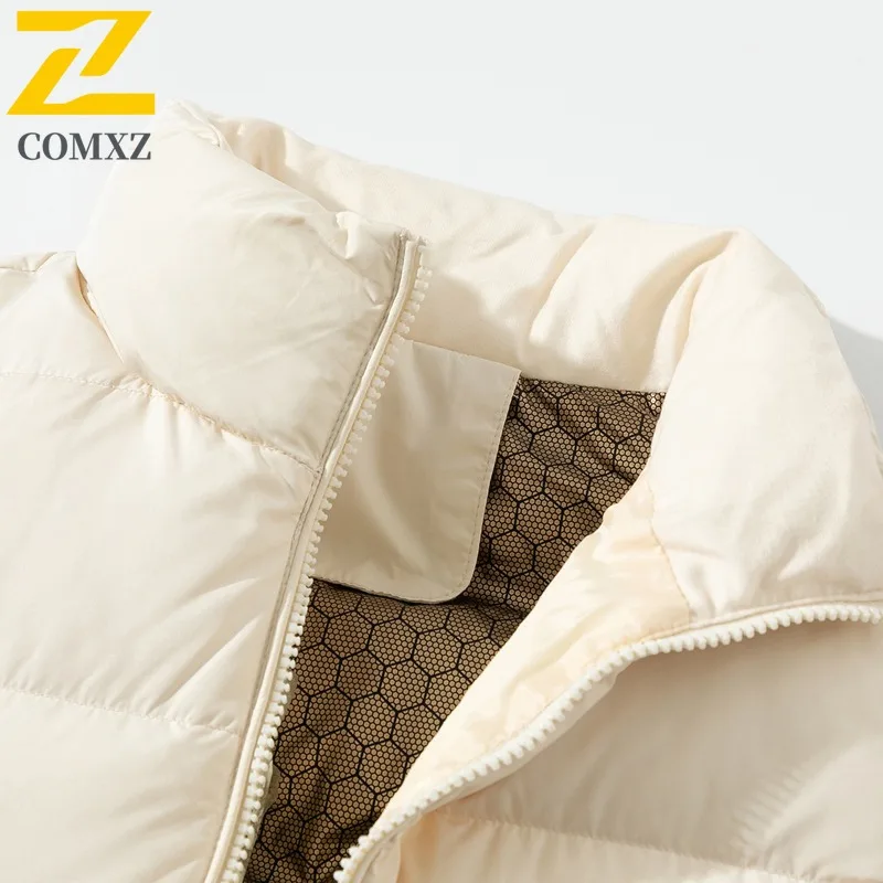 COMXZ 2025 Men Down Jacket Classic Stand Collar Outdoor Cycling Thickened Warm Parka Street Style Lightweight Winter Coat