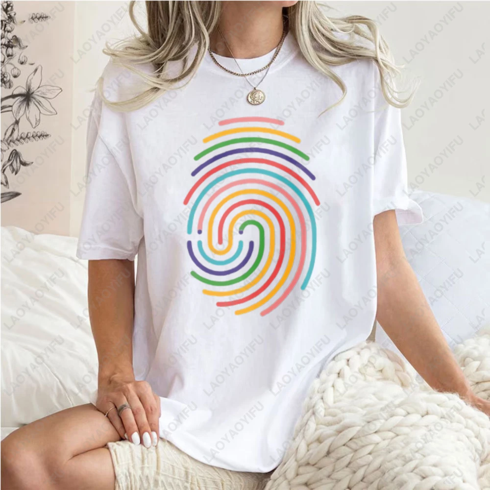 Rainbow-Fingerprint-Pride-Month-T-Shirt-Funny-LGBTQI-Casual-Fashion-Women's-T-Shirt-Summer-High-Quality-Cotton-Short-sleeve-Tees
