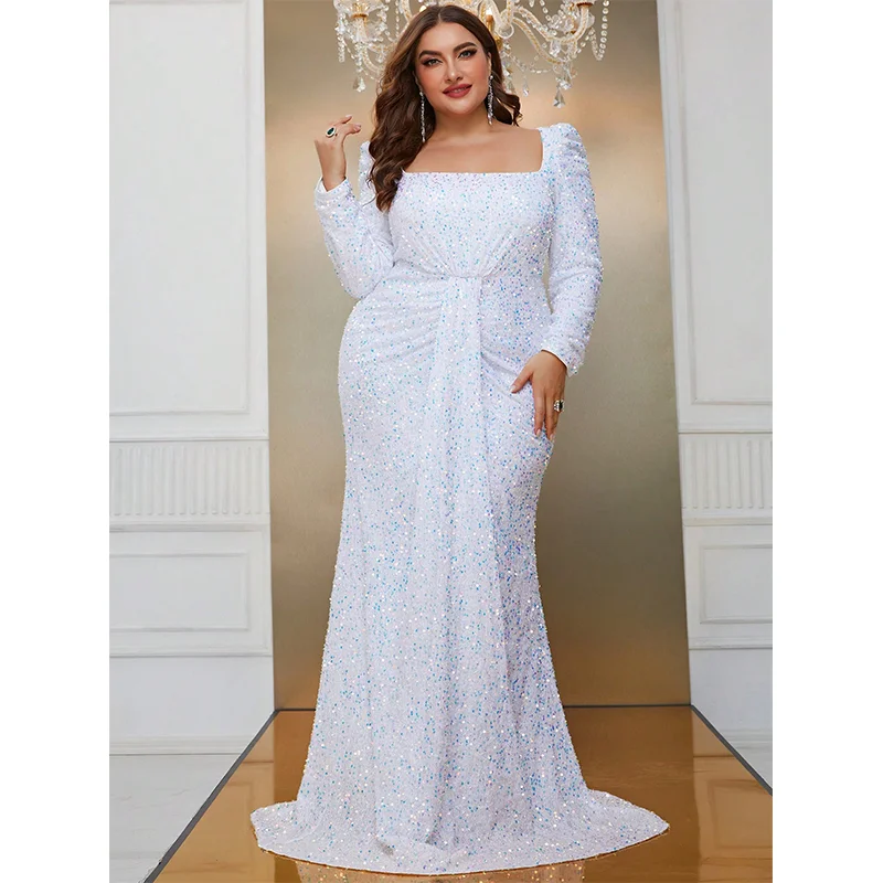 Plus Size Square Neck Sequin Luxury Extra Long Glitter Evening Gown Big Size Women Wedding Banquet White Sequin Evening Dress