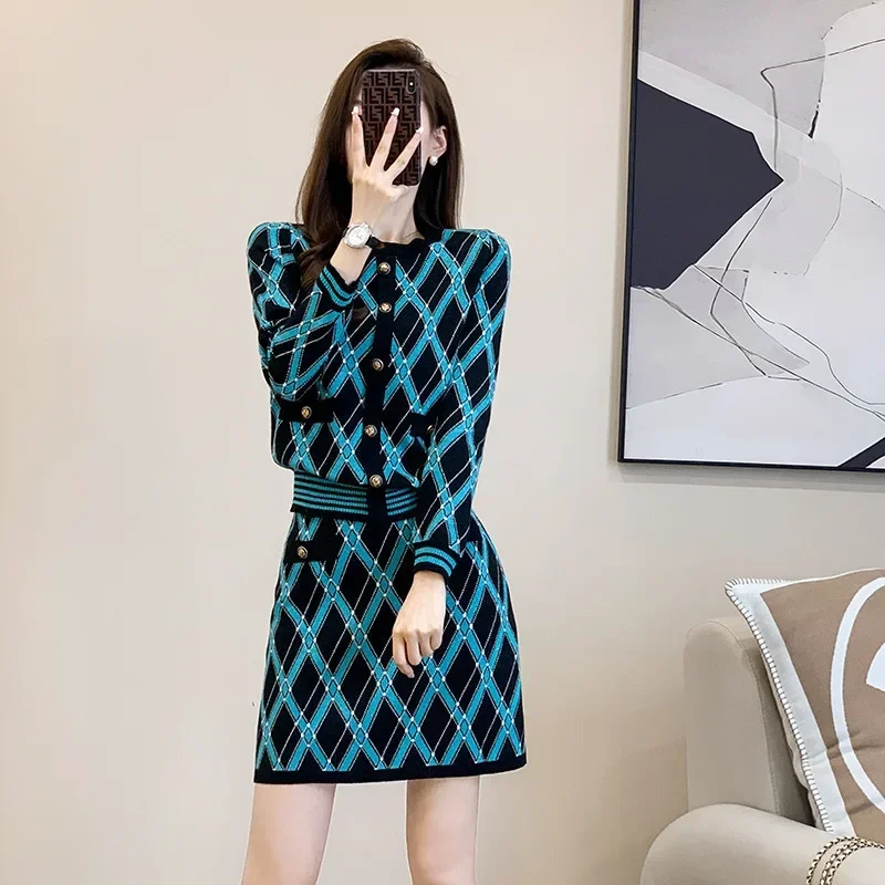 

Women Knitted Cardigan Coat And Short Skirts Two Piece Set Vintage Office 2 Piece Set #0944 Spring Autumn Plaid Sweater Dress